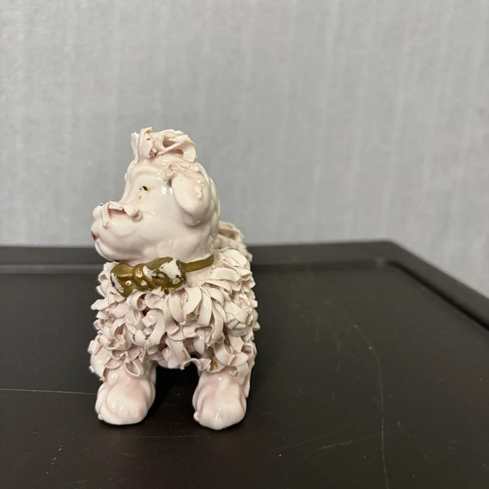Vintage Spaghetti Pink Poodle Ceramic Figurine Gold Bow Mid Century MCM 60s